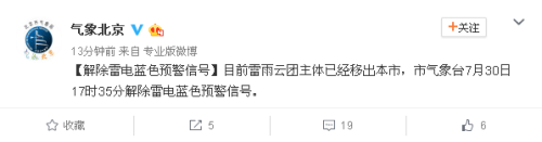 北京市氣象局解除雷電藍(lán)色預(yù)警信號